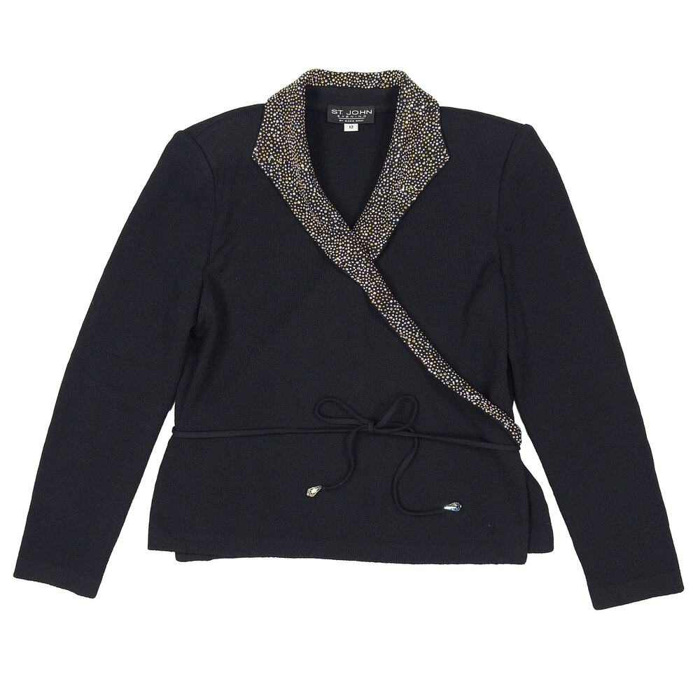 St John Evening Rhinestone Wrap Jacket VTG Womens 12 Black Santana Knit Formal
